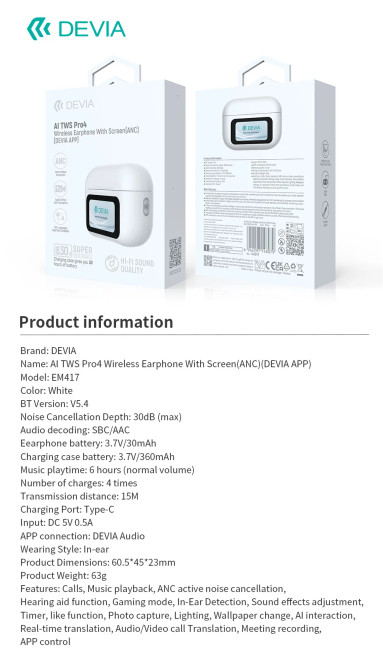DEVIA AI TWS Pro4 packaging with product specifications