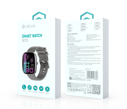 DEVIA WT5 smartwatch packaging with specifications