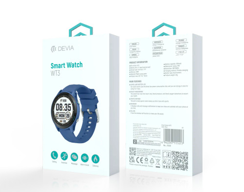 DEVIA WT3 smartwatch packaging with specifications