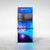 40" wide illuminated banner stand with graphics, shelf, and TV mount (shown with TV) - front