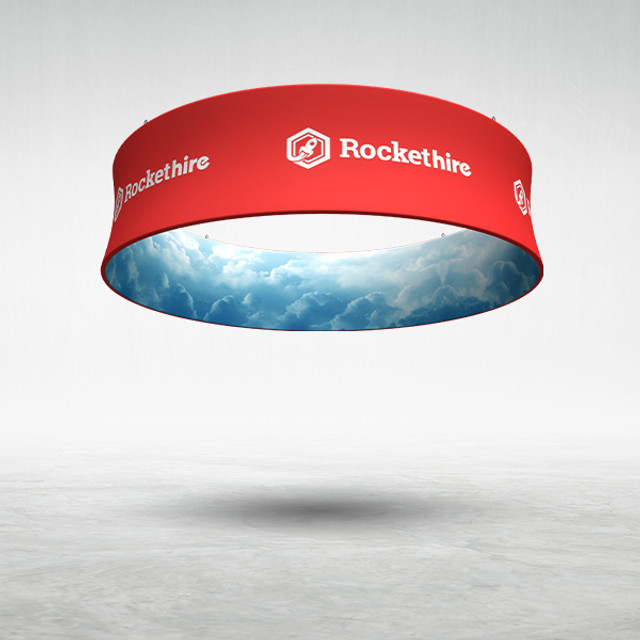 15'x4' circle hanging trade show banner with custom graphics.