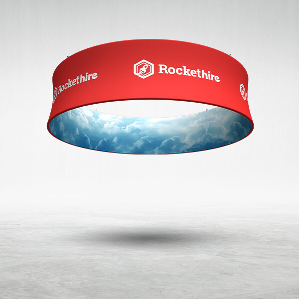 15 foot circle hanging trade show sign suspended from ceiling