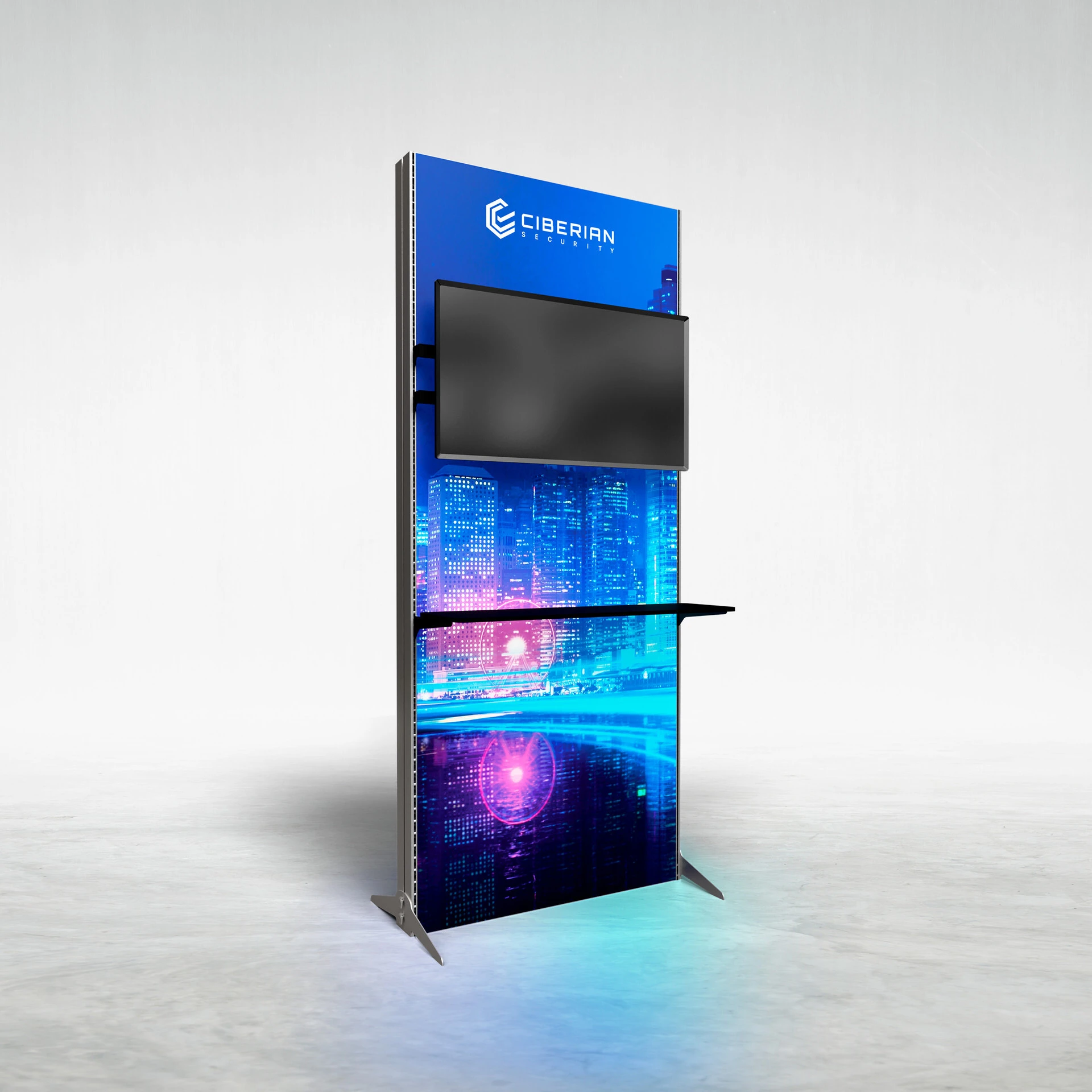 Aurora backlit SEG banner stand with TV bracket showing LED illumination for trade show booth visibility