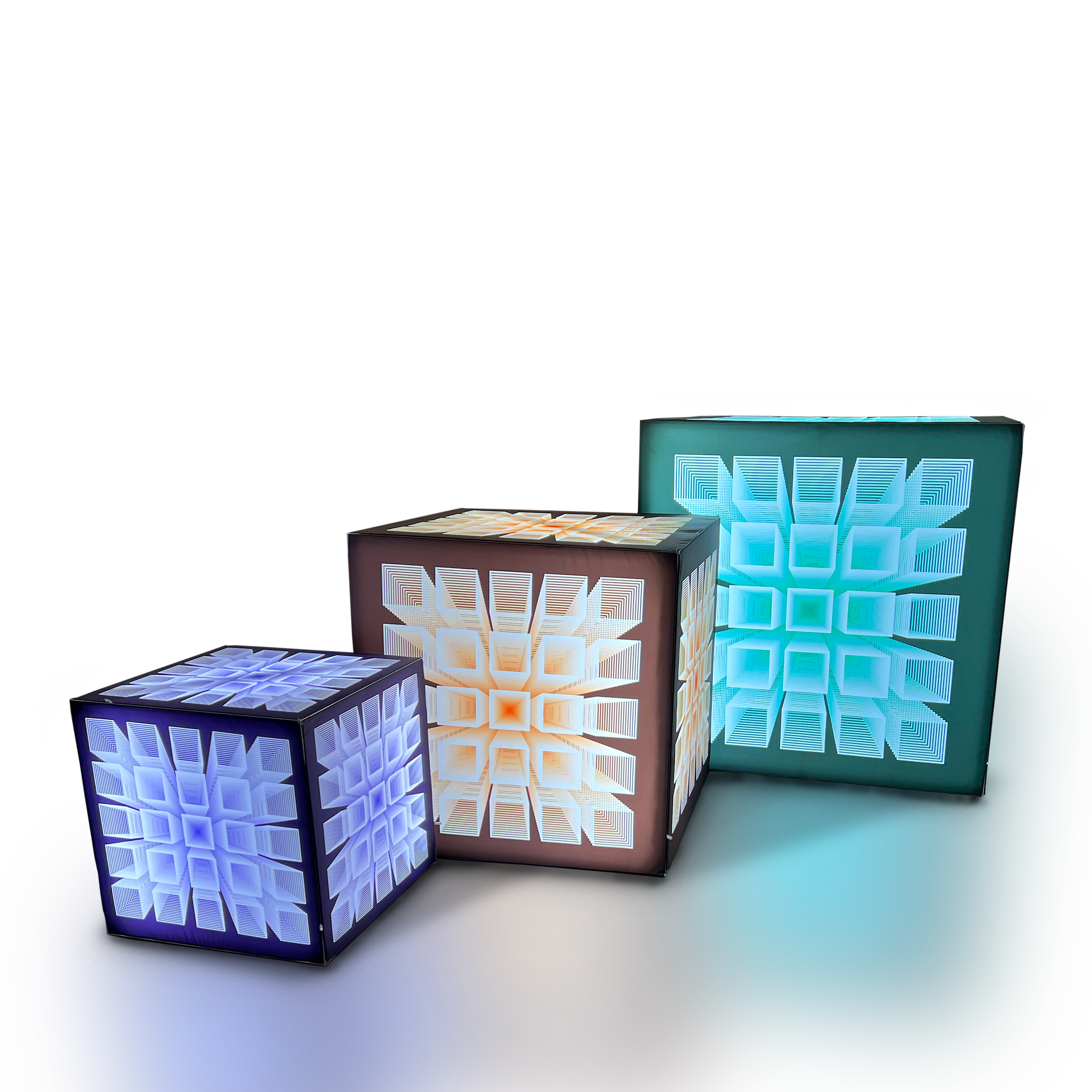 set of three backlit cubes with SEG graphics