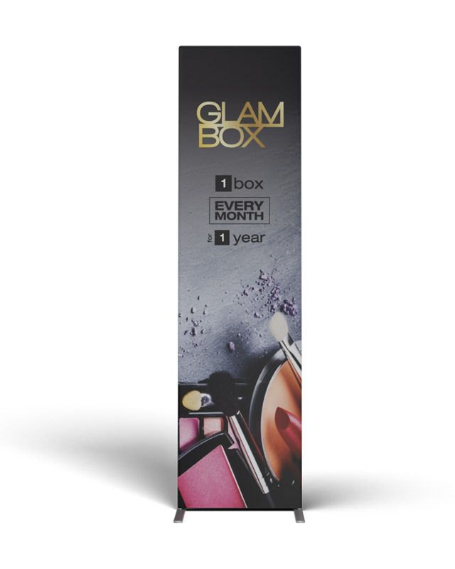 Tension fabric banner stand with custom printed graphic