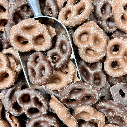 Pretzels coated in milk and dark chocolate.
The Treat Factory Pretzels coated in milk and dark chocolate.
The Treat Factory