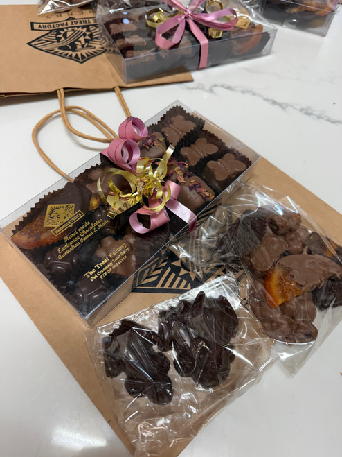 Participant's personalised DIY chocolate box filled with handcrafted chocolates, chocolate clusters, dipped Turkish delight, caramels and gourmet treats from The Treat Factory in Berry NSW.