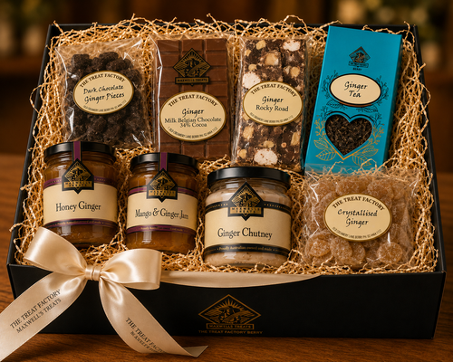 The Ginger Lover's Hamper featuring ginger chocolates, ginger tea, honey, chutney and gourmet treats from The Treat Factory