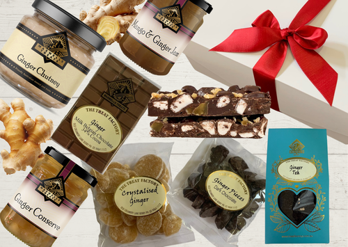 Ginger Lovers Gift Hamper with ginger chocolates, rocky road, crystallised ginger, ginger tea, honey, mango ginger jam and ginger chutney in a ribboned gift box.