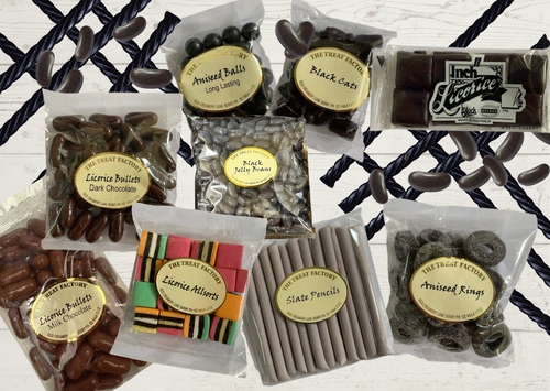 Liquorice Lover Gift Hamper filled with liquorice allsorts, twists, chocolate bullets, aniseed rings, jelly beans, Black Cats and classic confectionery.