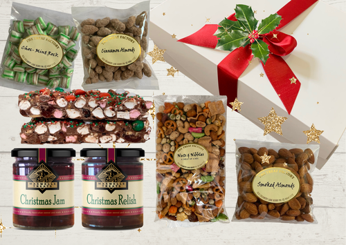 Christmas Sweet and Savoury Gift Hamper with Christmas Jam, Christmas Relish, Choc Mint Rock, Christmas Rocky Road, smoked almonds, cinnamon almonds and Nuts & Nibbles.