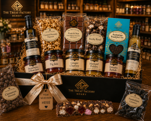 Create Your Own Treat Factory Hamper featuring gourmet chocolates, jams, dressings, confectionery and specialty foods from Berry NSW.