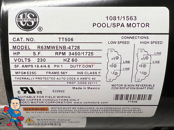 Pump, Waterway Viper, 5.0hp, 230v, 2-spd, 56fr, 2-1/2" x 2-1/2"", OEM