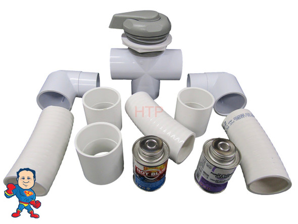 This Diverter Kit Includes the Diverter Valve, (3) 2" Couplers, (3) 6" Pieces of 2" Flex Pipe and (2) 2" Street Slip Ells and Includes 4oz of  Hot Blue Glue and 4oz of Purple Primer. These are the components need to completely change this style of Diverter valve.. Note: There are some valves that have 1 1/2" pipe on one or more of the outlet sides in these cases you would need to purchase some 2" to 1 1/2" Bushings to convert down to 1 1/2"..
