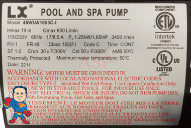Complete Pump, 36675-03 Watkins, Vendor Code 3536, Wavemaster 6000 or 7000, 1.65HP, 115v or 230V, 17.0A or 8.5A, 48 frame, 2"x 2", 1 Speed
