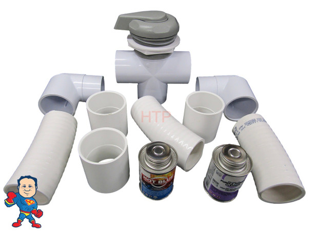 This Diverter Kit Includes the Diverter Valve, (3) 2" Couplers, (3) 6" Pieces of 2" Flex Pipe and (2) 2" Street Slip Ells and Includes 4oz of Christys Red Hot Blue Glue and 4oz of Purple Primer. These are the components need to completely change this style of Diverter valve.. Note: There are some valves that have 1 1/2" pipe on one or more of the outlet sides in these cases you would need to purchase some 2" to 1 1/2" Bushings to convert down to 1 1/2"..