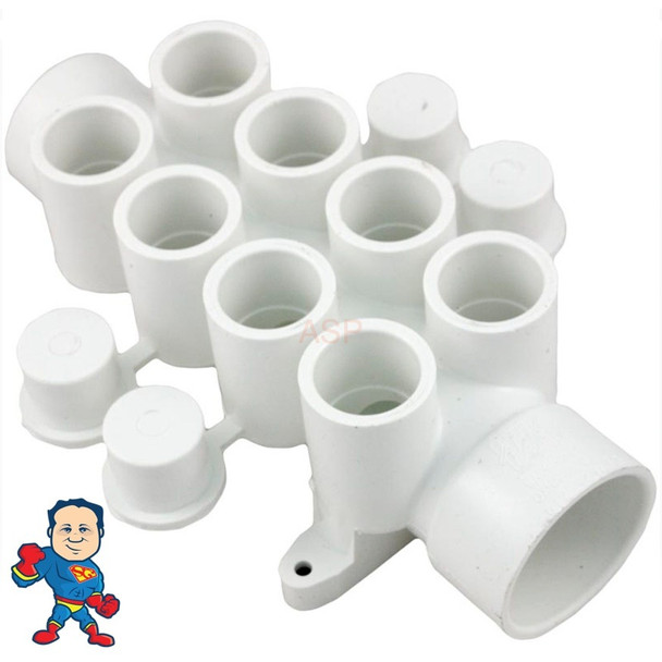 Manifold, 3/4" Slip, 8 Port, Flow Thru, 1-1/2" Slip x 1-1/2" Spigot/Street