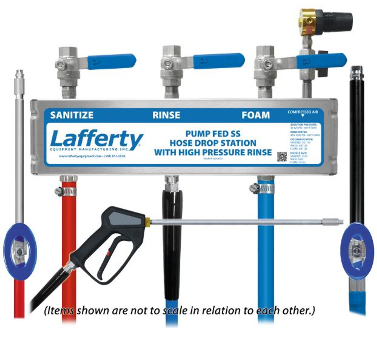 Lafferty 920145SS - Pump Fed SS Sanitize / High Pressure Rinse / Foam Hose Drop Station (Wall Mount / Compressed Air Required) - 40 to 125 PSI Solution Pressure Per Unit