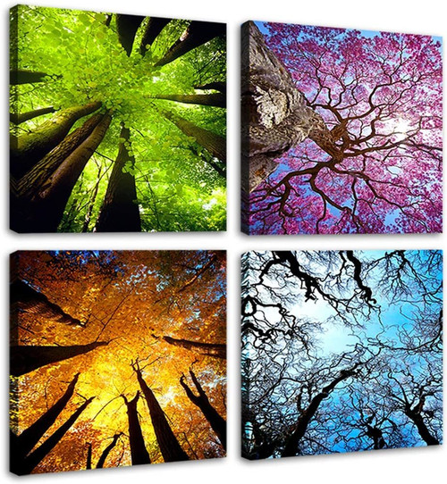 4 Panels Canvas Wall Art Spring Summer Autumn Winter Four Seasons Landscape Color Tree Painting Picture Prints Modern Giclee Artwork Stretched and Framed for Living Room Home Decoration