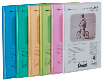 Pentel Recycology A4 Display Book Clear 20 Pocket Assorted Colours Pack 5 DCF242/MIX