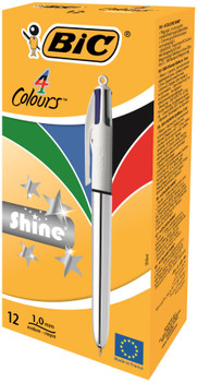 Bic 4 Colours Shine Ballpoint Pen 1Mm Tip 0.32Mm Line Silver Barrel Black/Blue/G 919380