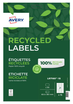 Avery Laser Recycled Address Label 63.5X38.1Mm 21 Per A4 Sheet White Pack 315 La LR7160-15