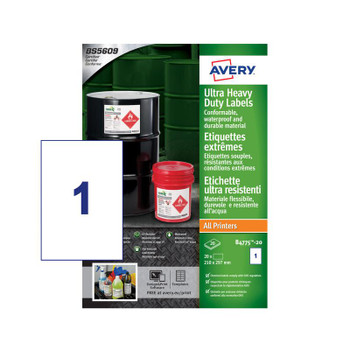 Avery Ultra Resistant Labels 210 X 297Mm Permanent 1 Label Per Sheet 20 Labels P B4775-20