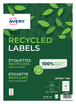 Avery Laser Recycled Address Label 99.1X33.9Mm 16 Per A4 Sheet White Pack 1600 L LR7162-100
