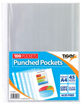 Tiger Multi Punched Pocket Polypropylene A4 45 Micron Top Opening Clear Pack 100 300947