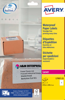 Avery Waterproof Paper Label 199.6X289.1Mm 1 Per Page Pack 25 - L7997-25 L7997-25