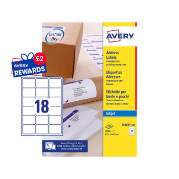 Avery Inkjet Address Label 63.5X46.6Mm 18 Per A4 Sheet White Pack 1800 Labels J8 J8161-100