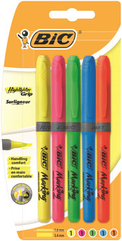 Bic Grip Highlighter Pen Chisel Tip 1.6-3.3Mm Line Assorted Colours Pack 5 824758