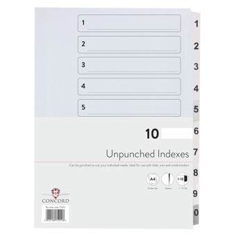 Concord Unpunched Index 1-10 A4 150gsm White Pack of 10 75201 JT75201