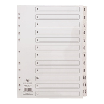 Concord Classic Index 1-12 A4 White Board Clear Mylar Tabs 01201/CS12 JTCS12