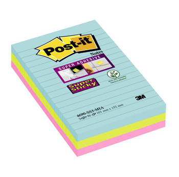 Post-It Super Sticky Notes 101X152mm Ruled 90 Sheets Miami Colours Pack 3 710023 7100234251