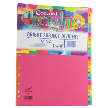 Concord Index A-Z 20-Part A4 160gsm Bright Assorted Pack of 10 52499 JT52499