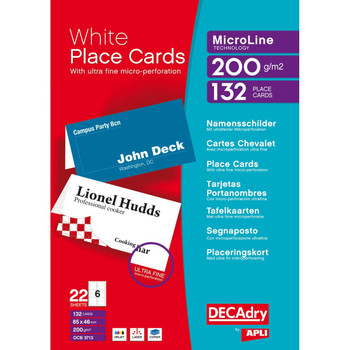 Decadry Folding Place Card 85X46mm 6 Per Sheet 200Gsm White Pack 132 OCB3713-3