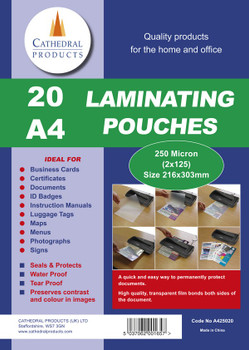 Cathedral Laminating Pouch A4 2X125 Micron Gloss Pack 20 LPA425020