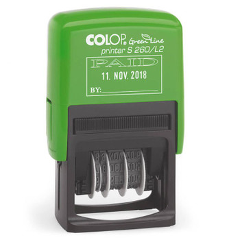 Colop Green Line S260/L2 Self Inking Word And Date Stamp Paid 24X45mm Blue/Red I 105652