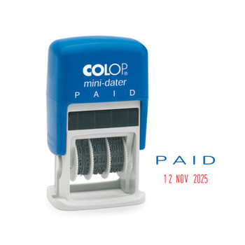 Colop S160/L2 Mini Word And Date Stamp Paid 25X12mm Blue/Red Ink 105270