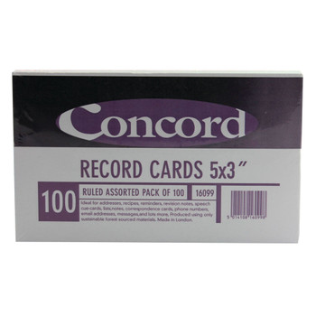 Concord Record Card Ruled 127 x 76mm Assorted Pack of 100 16099/160 JT16099
