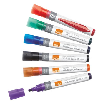 Nobo 1901077 Liquid Ink Drywipe Markers Pack of 6 Assorted Pens Bullet Tip 1901077