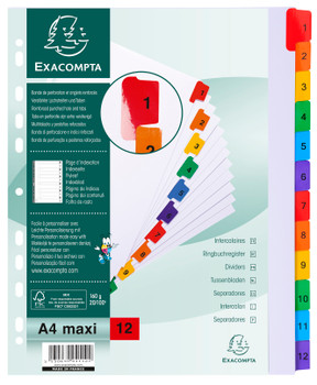 Exacompta Index 1-12 A4 Extra Wide 160Gsm Card White With Coloured Plastic Tabs 4112E