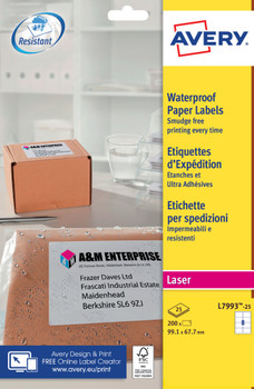 Avery Laser Weatherproof Parcel Label 99X67mm 8 Per A4 Sheet White Pack 200 Labe L7993-25