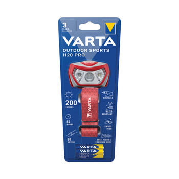 Varta Outdoor Sports H20 Pro Head Torch 3xAAA 52 Hours Run Time Red/Grey 1765010 VR02152