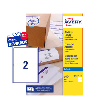 Avery Inkjet Address Label 200X143.5Mm 2 Per A4 Sheet White Pack 200 Labels J816 J8168-100