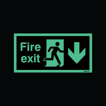 Safety Sign Niteglo Fire Exit Running Man Arrow Down 150x450mm Self-Adhesiv SR71671