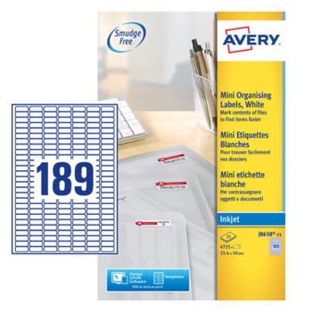 Avery Inkjet Mini Label 25X10mm 189 Per A4 Sheet White Pack 4725 Labels J8658-25 J8658-25