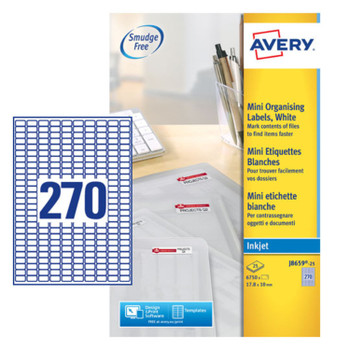 Avery Inkjet Mini Label 17.8X10mm 270 Per A4 Sheet White Pack 6750 Labels J8659- J8659-25