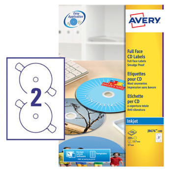 Avery Inkjet Full Face Cd/Dvd Label 117Mm Diameter 2 Per A4 Sheet Matt White Pac J8676-100